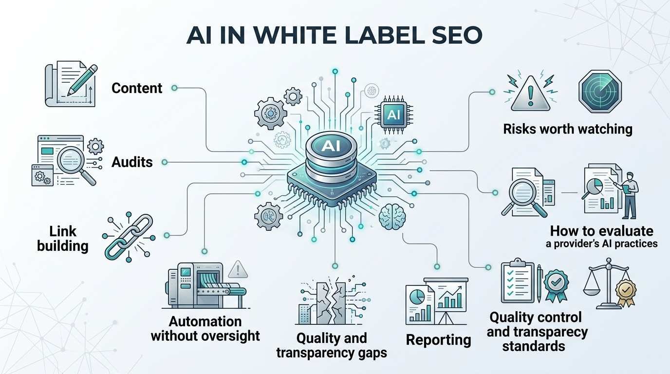 Infographic titled AI IN WHITE LABEL SEO illustrating AI integration across content, audits, link building, and reporting, alongside evaluation guidelines and risk mitigation frameworks.