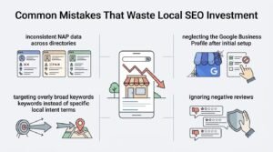 Infographic titled Common Mistakes That Waste Local SEO Investment detailing four critical errors: inconsistent NAP data across directories, neglecting the Google Business Profile after initial setup, targeting overly broad keywords instead of specific local intent terms, and ignoring negative reviews around a central smartphone displaying a declining storefront trend.
