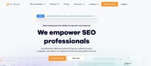 AccuRanker homepage hero section titled 'We empower SEO professionals' featuring rank tracking and LLM visibility software for agencies, with Request a demo and Buy now call-to-action buttons.