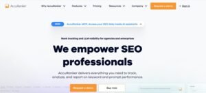 AccuRanker homepage hero section reading 'We empower SEO professionals' with subtitles highlighting rank tracking and LLM visibility for agencies and enterprises.
