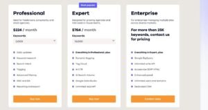 AccuRanker pricing table comparing Professional at $224/month for 2,000 keywords, Expert at $764/month for 10,000 keywords, and Enterprise custom pricing for over 25,000 keywords.