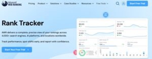 Advanced Web Ranking homepage hero section titled 'Rank Tracker' highlighting rank tracking across 4,000+ search engines and AI platforms, alongside a dashboard preview and a Start Your Free Trial button.