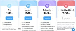 Advanced Web Ranking subscription pricing table comparing Pro at $139/mo, Agency at $279/mo, Enterprise at $699/mo, and Enterprise Plus 50k at $980/mo with keyword capacities and feature inclusions.