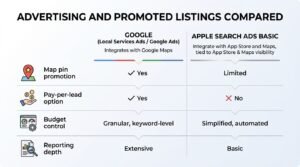 Infographic titled ADVERTISING AND PROMOTED LISTINGS COMPARED contrasting GOOGLE (Local Services Ads / Google Ads, integrates with Google Maps) and APPLE SEARCH ADS BASIC (integrate with App Store and Maps, tied to App Store & Maps visibility) across four features: Map pin promotion (Yes vs Limited), Pay-per-lead option (Yes vs No), Budget control (Granular, keyword-level vs Simplified, automated), and Reporting depth (Extensive vs Basic).