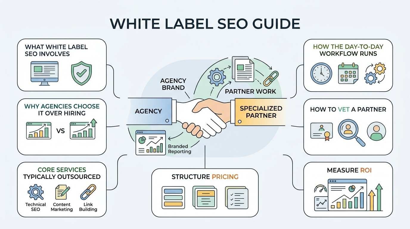 Infographic titled White Label SEO Guide detailing operational partnerships between agencies and specialized providers, covering workflows, partner vetting, services, pricing, and ROI.