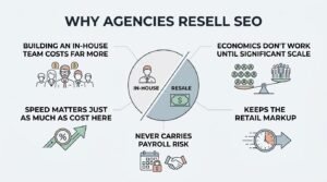 Infographic titled Why Agencies Resell SEO contrasting in-house team costs with resale economics, highlighting payroll risk reduction, speed to market, retail markup retention, and scale requirements.