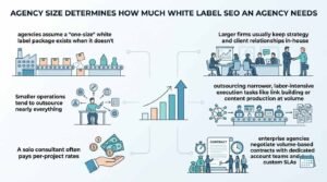 Infographic titled AGENCY SIZE DETERMINES HOW MUCH WHITE LABEL SEO AN AGENCY NEEDS showing scaling agency tiers from solo consultants outsourcing everything to enterprise firms using volume contracts and custom SLAs.