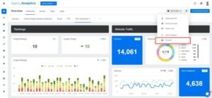 AgencyAnalytics client reporting dashboard interface showing SEO metrics, keyword rankings, website traffic charts, and a highlighted Present button in the export menu."