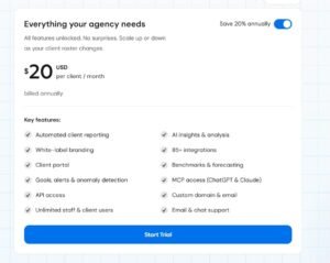AgencyAnalytics client reporting dashboard interface showing SEO metrics, keyword rankings, website traffic charts, and a highlighted Present button in the export menu.