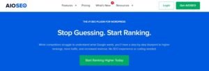 AIOSEO homepage hero banner titled 'The #1 SEO Plugin for WordPress' with headline 'Stop Guessing. Start Ranking.' and a green Start Ranking Higher Today call-to-action button.