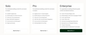 AirOps subscription pricing plans comparing Solo, Pro, and Enterprise tiers, detailing task limits, answer engine insights, integrations, and call-to-action buttons.
