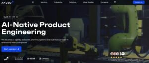 Screenshot of the Akveo homepage featuring the headline 'AI-Native Product Engineering' with subtext about AI agents, RAG systems, and a 5.0 Clutch rating badge over an industrial robotic automation background.