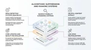 Algorithmic suppression and ranking systems infographic displaying an isometric layered architecture of search visibility, spam neutralization (SpamBrain), helpful content signals, core quality updates, and link spam devaluation.