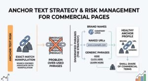Infographic titled ANCHOR TEXT STRATEGY & RISK MANAGEMENT FOR COMMERCIAL PAGES showing the risk of exact-match manipulation where search engines associate over-used commercial phrases with manipulation, contrasting it with a diversified anchor strategy combining brand names, naked URLs, and generic phrases to maintain a healthy anchor profile with a small share of commercial terms.