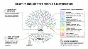 Healthy anchor text profile and distribution infographic showing a tree diagram that breaks down natural ratios for branded, naked URL, generic, partial match, and exact match anchor text.