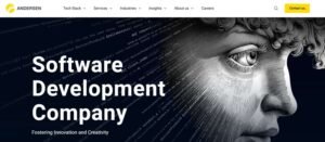 Screenshot of the Andersen Lab homepage featuring the headline 'Software Development Company' and subtext 'Fostering Innovation and Creativity' set against background code snippets and a classical sculpture eye portrait.
