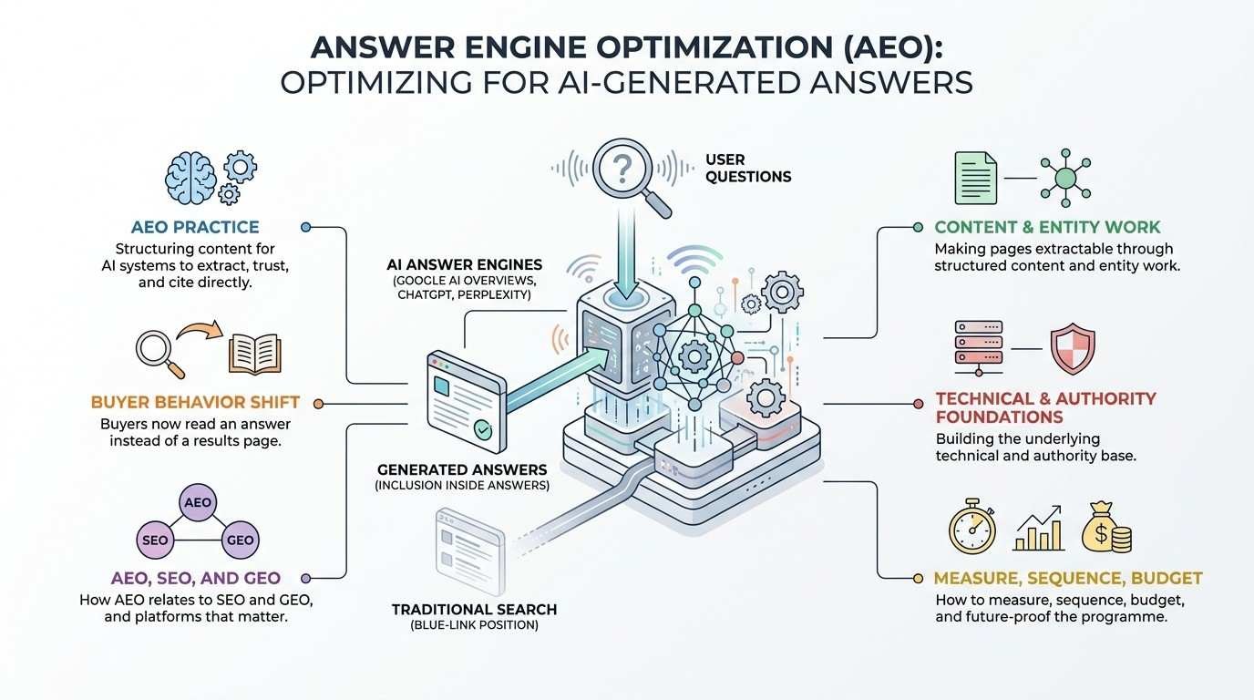 Answer Engine Optimization (AEO) infographic illustrating the process of structuring web content and entity authority for direct extraction and citation inside AI answer engines like Google AI Overviews, ChatGPT, and Perplexity.