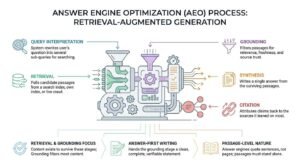 Answer Engine Optimization and Retrieval-Augmented Generation process infographic outlining how AI systems rewrite queries, retrieve candidate passages, filter by grounding, synthesize answers, and attribute citations