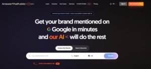 AnswerThePublic homepage hero section displaying the headline 'Get your brand mentioned on Google in minutes and our AI will do the rest' above website analysis and keyword search input fields.