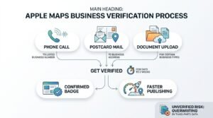 Infographic titled MAIN HEADING: APPLE MAPS BUSINESS VERIFICATION PROCESS displaying three verification methods—Phone Call, Postcard Mail, and Document Upload—converging into 'GET VERIFIED' within a few days to 2 weeks, yielding a Confirmed Badge and Faster Publishing, alongside an Unverified Risk callout for data overwriting.