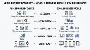 Infographic titled APPLE BUSINESS CONNECT vs GOOGLE BUSINESS PROFILE: KEY DIFFERENCES contrasting both platforms across five criteria: Data Source, Review System, Verification, Analytics Depth, and Market Reach.