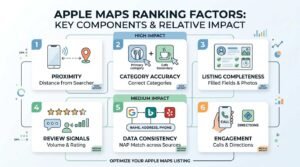 Infographic titled APPLE MAPS RANKING FACTORS: KEY COMPONENTS & RELATIVE IMPACT outlining six numbered factors split across HIGH IMPACT (Proximity, Category Accuracy, Listing Completeness) and MEDIUM IMPACT (Review Signals, Data Consistency, Engagement) to optimize Apple Maps listings.