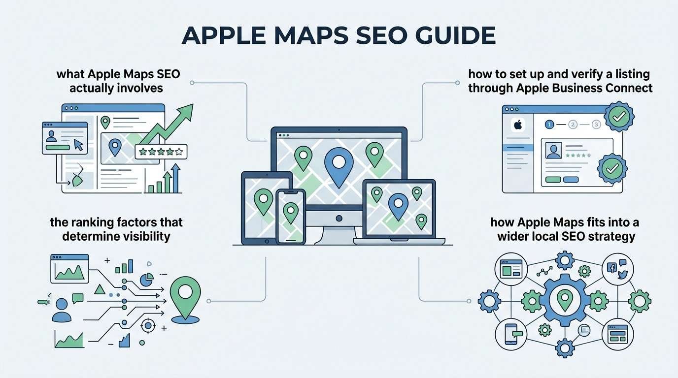 Infographic titled APPLE MAPS SEO GUIDE outlining what Apple Maps SEO actually involves, how to set up and verify a listing through Apple Business Connect, ranking factors that determine visibility, and how Apple Maps fits into a wider local SEO strategy around a multi-device desktop, tablet, and smartphone display.