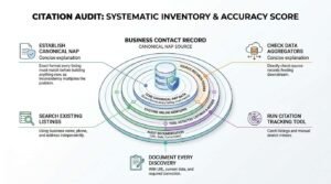Citation audit and accuracy score infographic detailing the systematic inventory process: establishing canonical NAP data, checking data aggregators, searching existing listings, running tracking tools, and documenting discoveries.