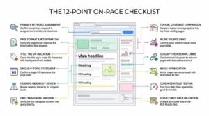 The 12-point on-page checklist infographic illustrating a wireframe web page layout mapped to essential SEO elements, including title tag optimization, heading structure, content intent, internal linking, Core Web Vitals, and structured data.