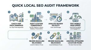 Infographic titled QUICK LOCAL SEO AUDIT FRAMEWORK illustrating a sequential process across seven checkpoint stages: 1. Check Map Pack Rankings for top three keywords, 2. Audit Citation Consistency across top 20 citations (NAP), 3. Analyze Review Velocity over the last 90 days, 4. Test Mobile Page Speed, 5. Review Backlink Relevance with local and industry focus, and 6. Confirm Optimized Location Pages for each service area.