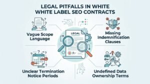 Infographic titled Legal Pitfalls in White Label SEO Contracts highlighting vague scope language, missing indemnification clauses, unclear termination notice periods, and undefined data ownership terms.