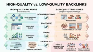 High-Quality vs. Low-Quality Backlinks Infographic Primary Alt Text: "Infographic titled HIGH-QUALITY vs. LOW-QUALITY BACKLINKS comparing High-Quality Backlinks (Positive signals) with Low-Quality Backlinks (Negative signals/Red flags) across four criteria: Domain Relevance (Same or Adjacent Industry vs. Unrelated Niche), Placement (Within Body Content vs. Footer, Sidebar, or Link Farm), Traffic (Real Organic Visitors vs. Little to No Traffic), and Anchor Text (Natural, Varied vs. Repetitive, Exact-Match), concluding with Toxic & Spammy Link Red Flags showing sudden link spikes and Google penalty risk.