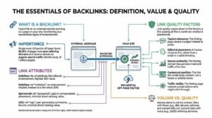 The essentials of backlinks infographic defining what backlinks are, link attributes like dofollow and nofollow, key quality factors, and link volume versus quality.