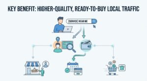 Infographic titled KEY BENEFIT: HIGHER-QUALITY, READY-TO-BUY LOCAL TRAFFIC illustrating a search query for '[SERVICE] NEAR ME' converting through map discovery and wallet intent into foot traffic visits, scheduled bookings, and direct retail purchases.