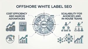 Infographic titled OFFSHORE WHITE LABEL SEO detailing cost efficiency and margin advantages alongside scalability for agencies and in-house teams around a central global SEO network hub.