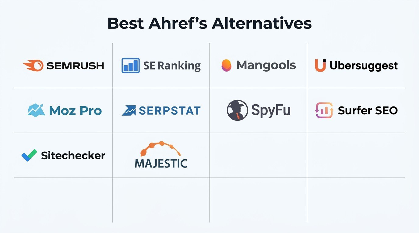 Infographic titled Best Ahref's Alternatives arranged in a grid showcasing ten SEO software platforms: SEMRUSH, SE Ranking, Mangools, Ubersuggest, Moz Pro, SERPSTAT, SpyFu, Surfer SEO, Sitechecker, and MAJESTIC.