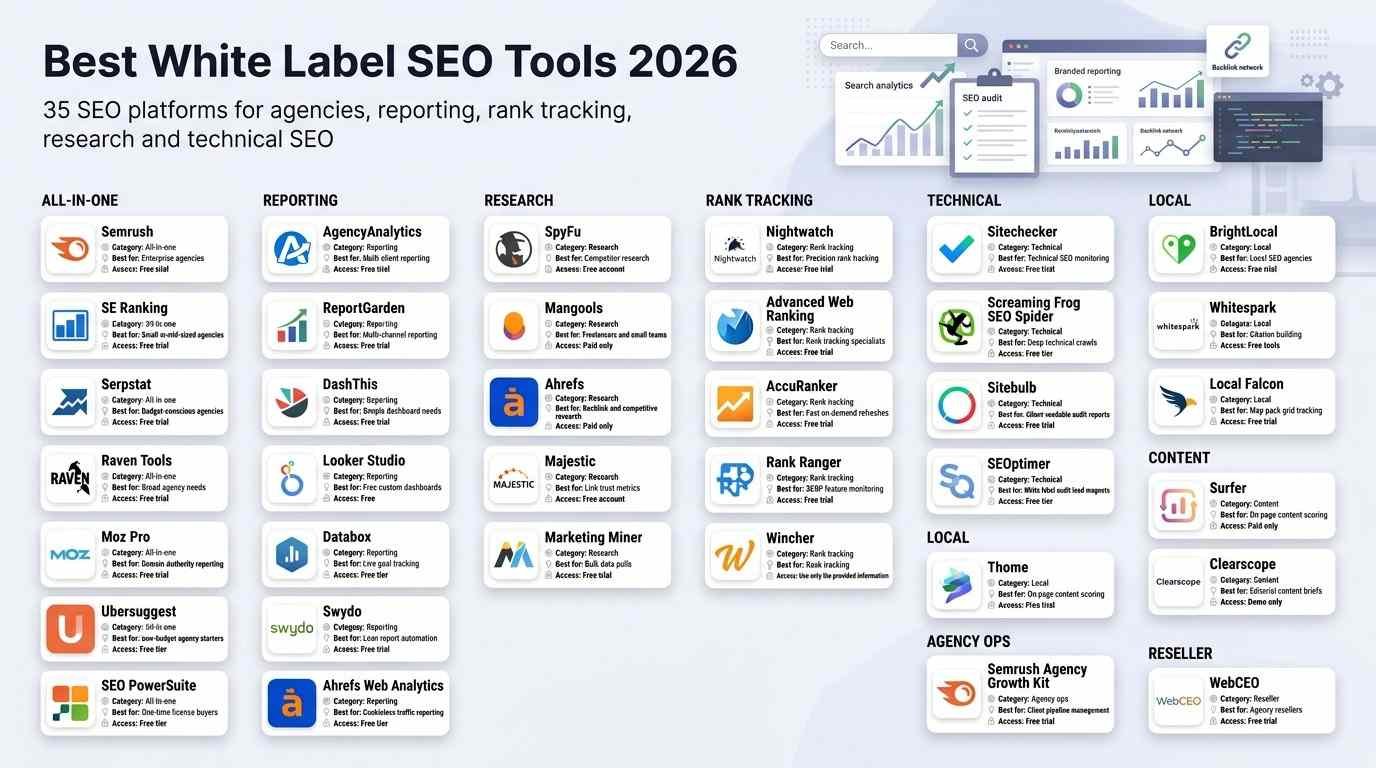Market map infographic titled 'Best White Label SEO Tools 2026' listing 35 SEO platforms for agencies across categories including All-In-One, Reporting, Research, Rank Tracking, Technical, Local, Content, Agency Ops, and Reseller.