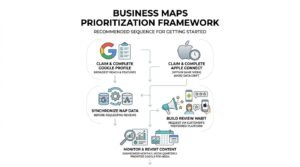 Infographic titled BUSINESS MAPS PRIORITIZATION FRAMEWORK: RECOMMENDED SEQUENCE FOR GETTING STARTED outlining a 5-step local maps rollout: 1. Claim & Complete Google Profile for broadest reach and features, 2. Claim & Complete Apple Connect within the same week to avoid data drift, 3. Synchronize NAP Data before requesting reviews, 4. Build Review Habit via customer's preferred platform, and 5. Monitor & Revisit Content with monthly dashboard checks and quarterly media updates.