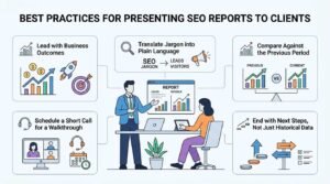 Infographic titled Best Practices for Presenting SEO Reports to Clients detailing business outcomes, translating jargon, period comparisons, walkthrough calls, and forward-looking next steps.