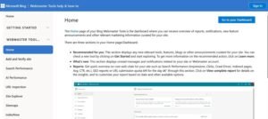 Bing Webmaster Tools help documentation page explaining the dashboard home screen layout, feature sections, and navigation tools alongside an embedded user interface preview.