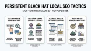 nfographic titled PERSISTENT BLACK HAT LOCAL SEO TACTICS: SHORT-TERM RANKING GAINS BUT HIGH PENALTY RISK illustrating four manipulative strategies across sequential cards: Fake Reviews & Review Gating, GBP Spam & Fake Business Listings, Doorway Pages & Keyword Stuffing, and Negative SEO Against Competitors, highlighting severe policy violations, customer deception, manipulative patterns, and algorithmic discounting.