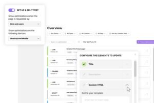Botify SEO split-testing overview dashboard showing an active optimization list, device targeting controls, and a modal to configure updates for Title, Description, and Custom HTML.