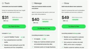 BrightLocal subscription pricing comparison cards displaying Track at $31/mo, Manage at $40/mo, and Grow at $49/mo with green free trial call-to-action buttons and feature lists.