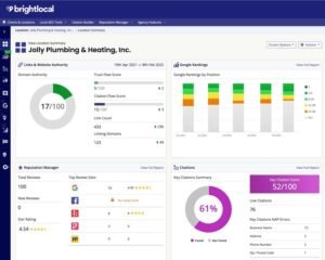 BrightLocal Location Summary dashboard for Jolly Plumbing & Heating, Inc., featuring performance widgets for Links & Website Authority, Google Rankings by position, Reputation Manager review metrics, and Citations tracking.