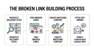Infographic titled THE BROKEN LINK BUILDING PROCESS illustrating a 4-step workflow inside color-coded rounded cards: 1. Prospect Relevant Sites (magnifying glass inspecting resource pages and directories), 2. Find Broken Links (web crawler spider identifying 404 error tags marked with red X icons), 3. Create Matching Content (mechanical gears, document draft with pencil, and modular building blocks), and 4. Pitch Site Owner (email envelope sending a replacement content offer with a thumbs-up icon).