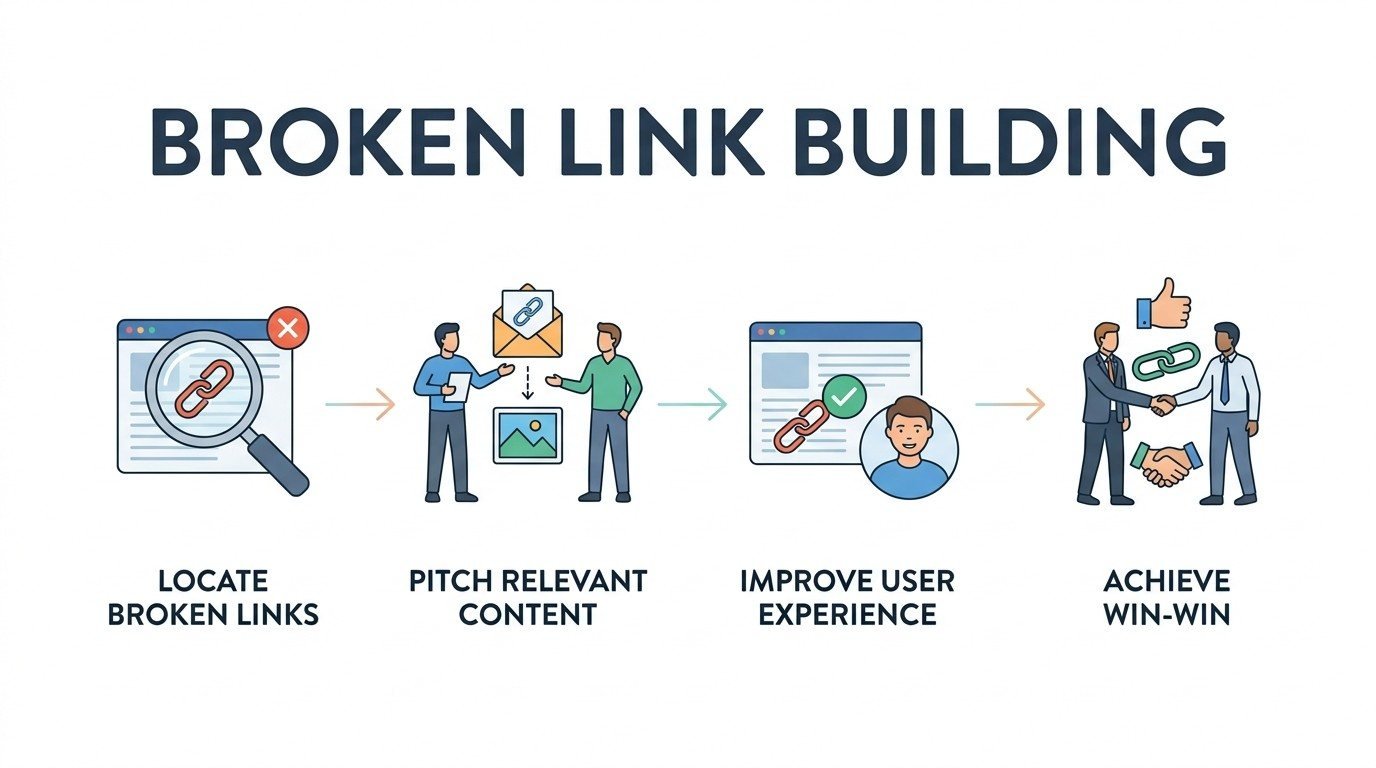 Infographic titled BROKEN LINK BUILDING illustrating a 4-step workflow: 1. Locate Broken Links (magnifying glass over dead link with red X on a webpage), 2. Pitch Relevant Content (two people sharing an email envelope with replacement asset), 3. Improve User Experience (webpage link verified with a green checkmark and smiling user), and 4. Achieve Win-Win (collaborative handshake, green link, and thumbs-up).