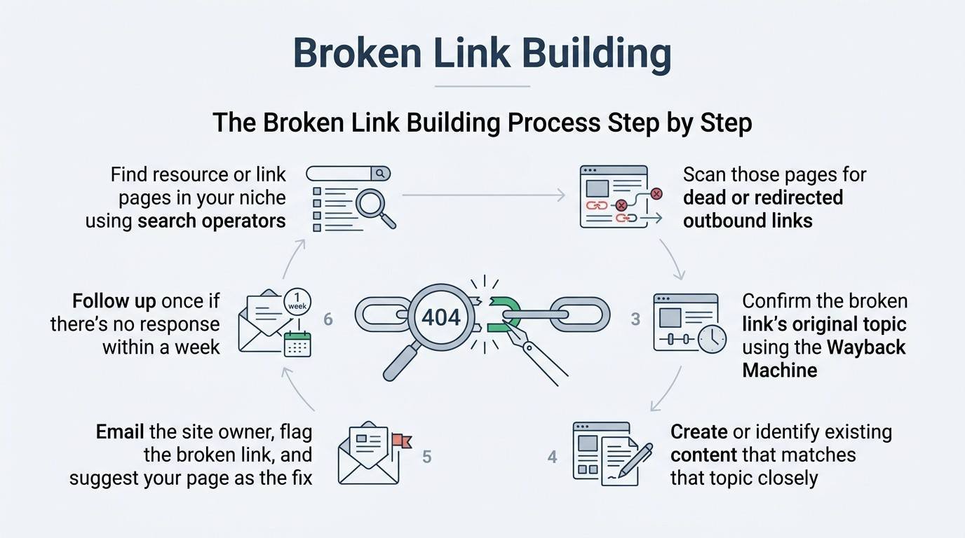 Infographic illustrating the broken link building process: find relevant resource pages, identify dead or redirected links, verify the original topic with the Wayback Machine, create matching content, contact the site owner with a replacement suggestion, and follow up after one week.