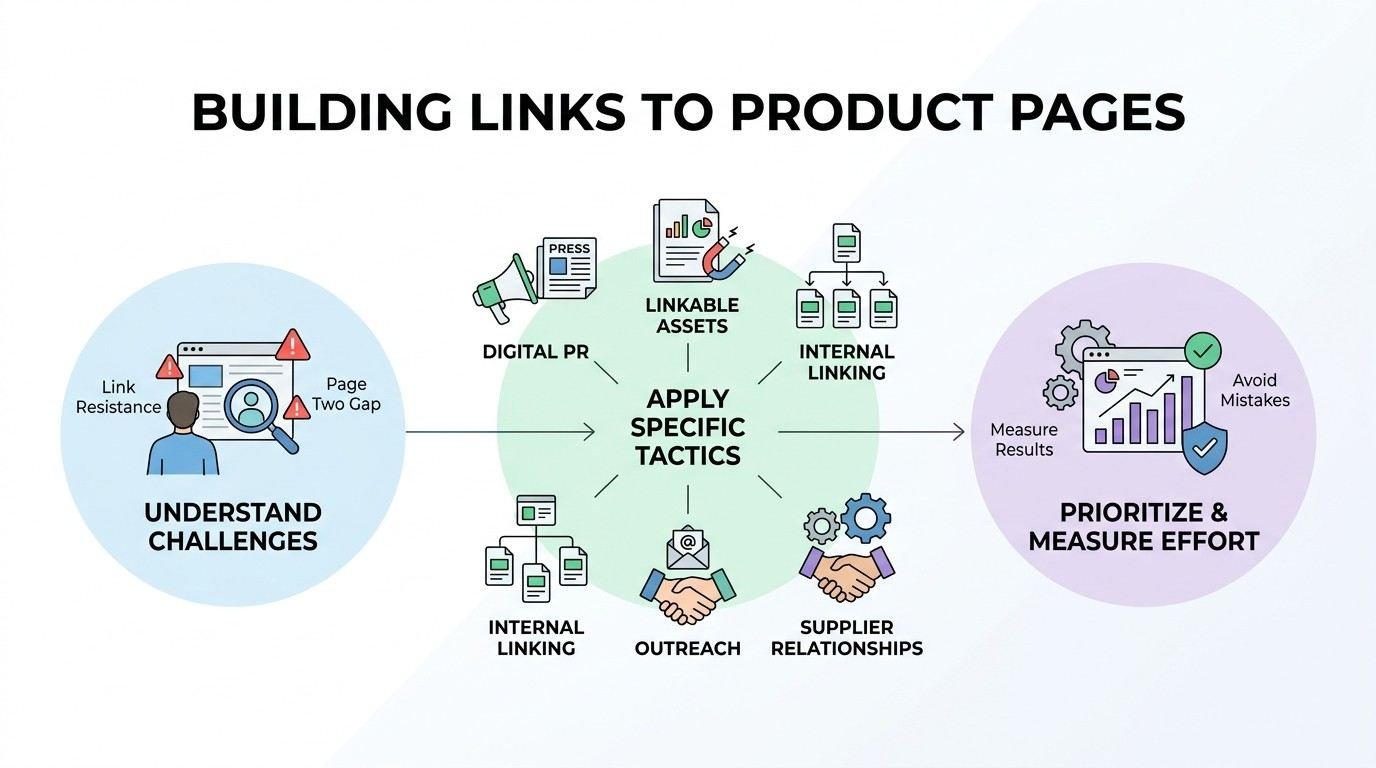 Infographic titled BUILDING LINKS TO PRODUCT PAGES illustrating a 3-stage strategic framework: 1. Understand Challenges (highlighting Link Resistance and Page Two Gap), 2. Apply Specific Tactics (routing through Linkable Assets, Digital PR, Internal Linking, Outreach, and Supplier Relationships), and 3. Prioritize & Measure Effort (focusing on Measure Results and Avoid Mistakes with performance dashboards and verification shields).