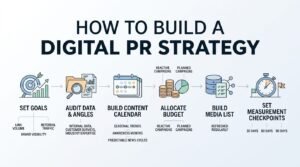 Infographic titled HOW TO BUILD A DIGITAL PR STRATEGY illustrating a six-stage sequential workflow: 1. Set Goals (link volume, brand visibility, referral traffic), 2. Audit Data & Angles (internal data, customer surveys, industry expertise), 3. Build Content Calendar (seasonal trends, awareness months, predictable news cycles), 4. Allocate Budget (reactive campaigns, planned campaigns), 5. Build Media List (refreshed regularly), and 6. Set Measurement Checkpoints (30 days, 60 days, 90 days).