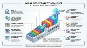 Local SEO strategy sequence and compounding stages infographic illustrating a 9-step staircase progressing from finite foundation work to continuous growth stages reaching a defensible position.
